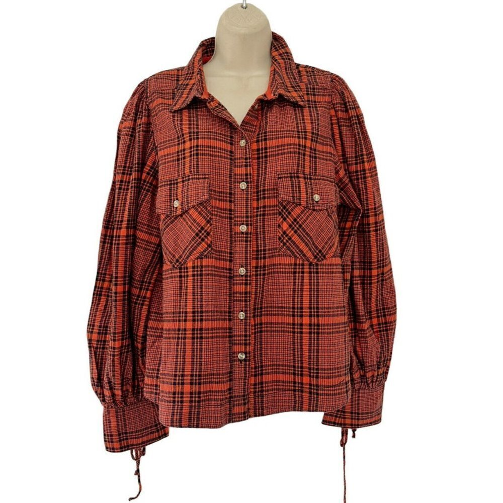 We The Free People Womens Sz L Orange Plaid Button Down Tie Lace Up Sleeve Shirt